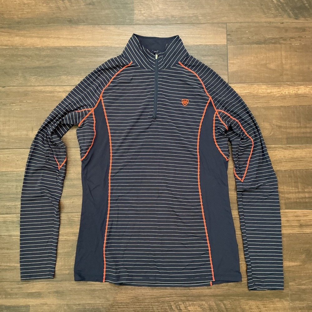 Ariat Heat Series Quarter Zip Athletic Top Navy Stripe Orange Stitching Med M